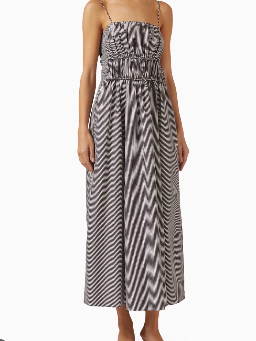 Striped Gathered Waist Midi Dress - Brown/White Striped